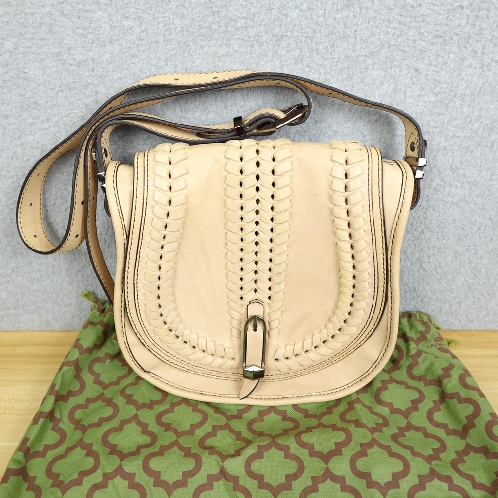 orYANY Beige Leather Woven Saddle Crossbody Shoulder Bag Adjustable w/Dust Bag
